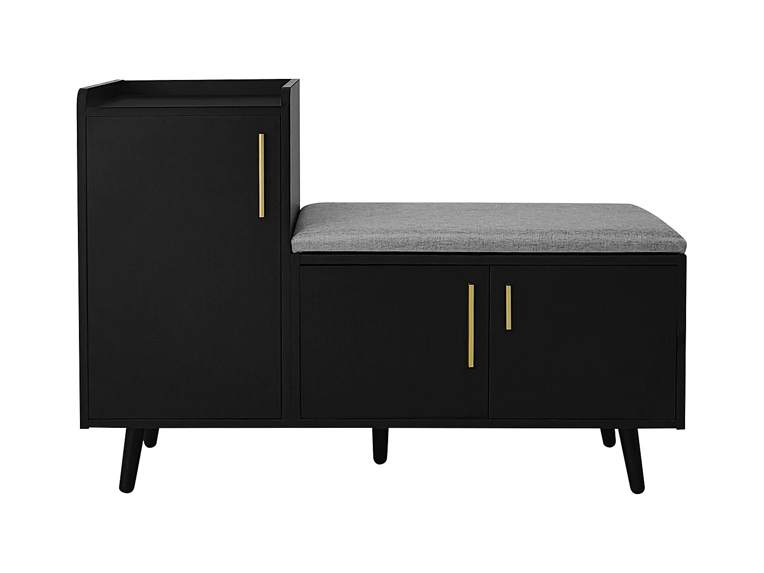 Moderne schoenenbank met 3 deuren en kussen - metalen poten en handgrepen - zwart - 100 x 34 x 69 cm