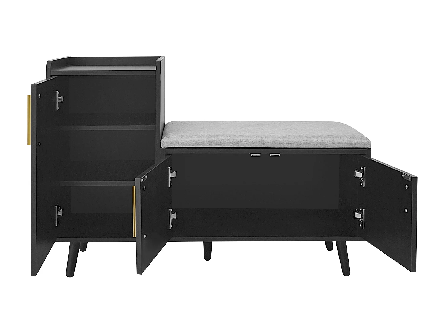 Moderne schoenenbank met 3 deuren en kussen - metalen poten en handgrepen - zwart - 100 x 34 x 69 cm