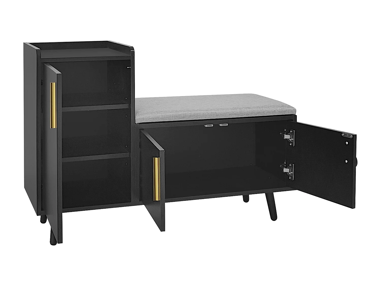 Moderne schoenenbank met 3 deuren en kussen - metalen poten en handgrepen - zwart - 100 x 34 x 69 cm