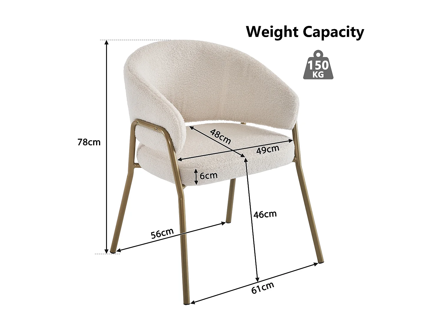 Silla de comedor de terciopelo y metal dorado - blanco - 61 x 48 x 78 cm (1 pieza)