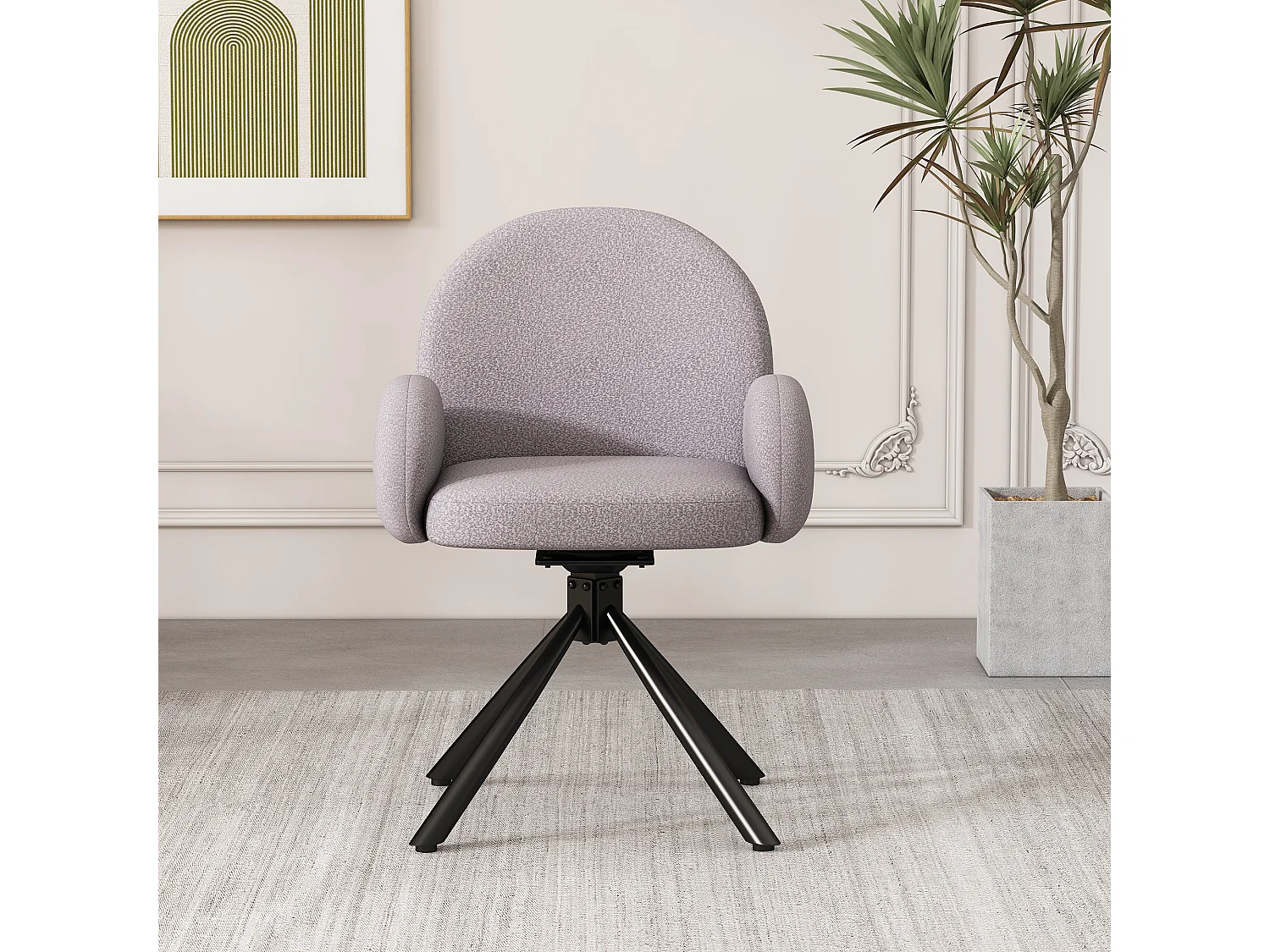 Cadeira giratória de jantar, cadeira de sala, tecido sherpa, com braços, estilo moderno, cinza