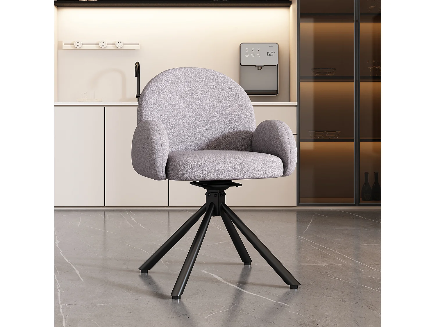 Cadeira giratória de jantar, cadeira de sala, tecido sherpa, com braços, estilo moderno, cinza