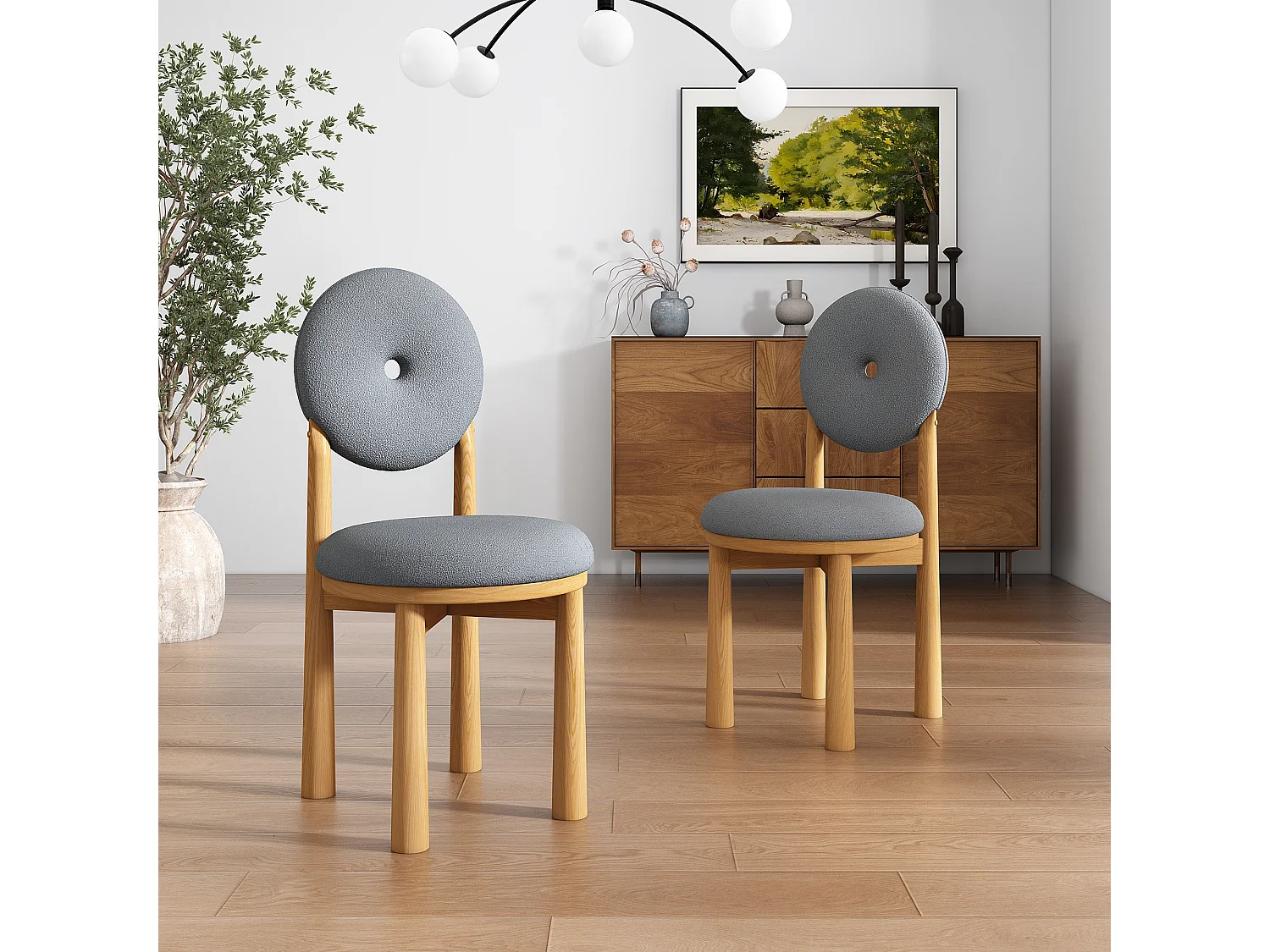 Lot de 2 chaises de salle à manger en tissu Sherpa - Pièds en bois d'hévéa - Style moderne - Gris