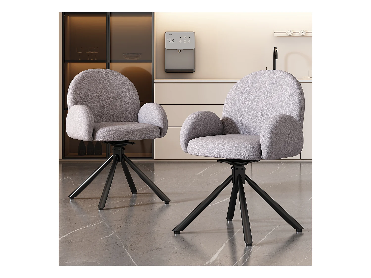 Set van 2 draaibare eetkamerstoelen, woonkamerstoelen van sherpastof, met armleuningen, moderne stijl, grijs