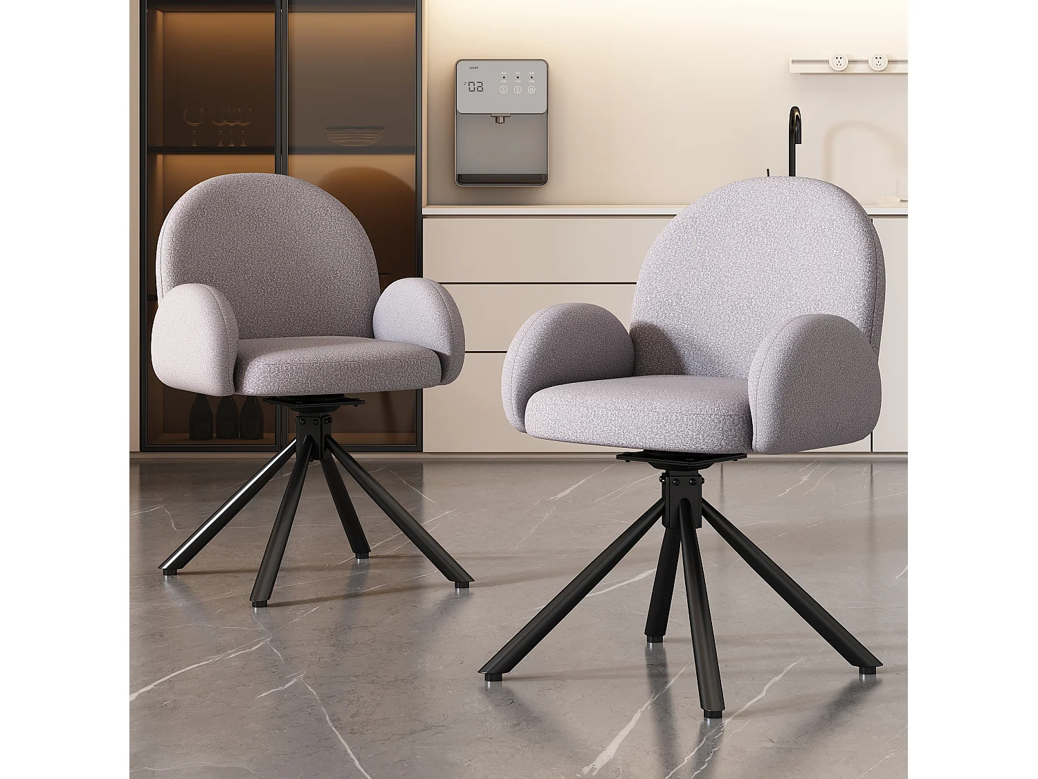 Conjunto de 2 cadeiras giratórias de jantar, cadeiras de sala de estar em tecido Sherpa, com braços, estilo moderno, cinza