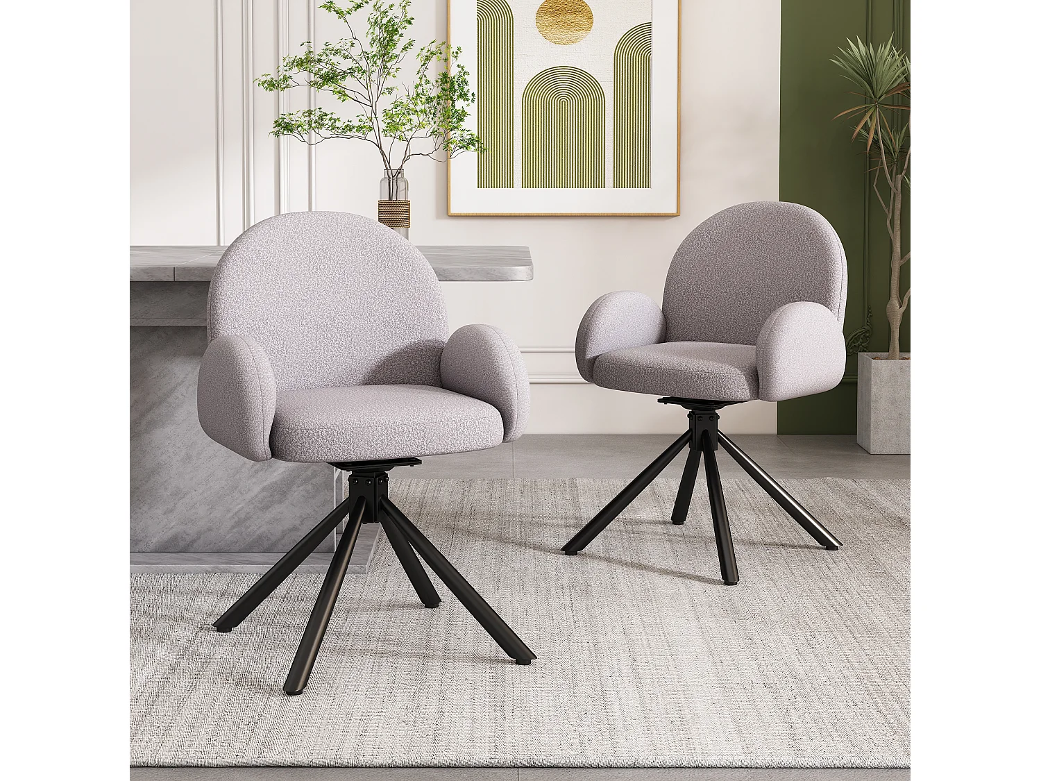 Conjunto de 2 cadeiras giratórias de jantar, cadeiras de sala de estar em tecido Sherpa, com braços, estilo moderno, cinza