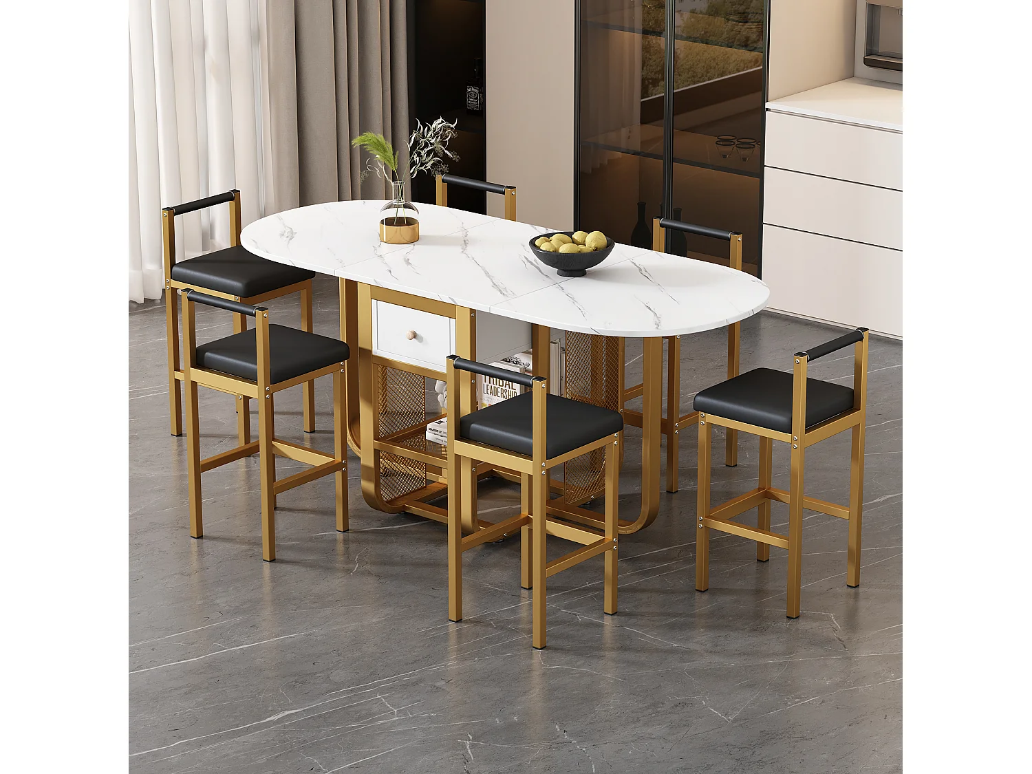 Lot de 6 chaises de salle à manger, chaises de salon en similicuir, pièds en métal, confortable et élégant, pour cuisine, noir et or