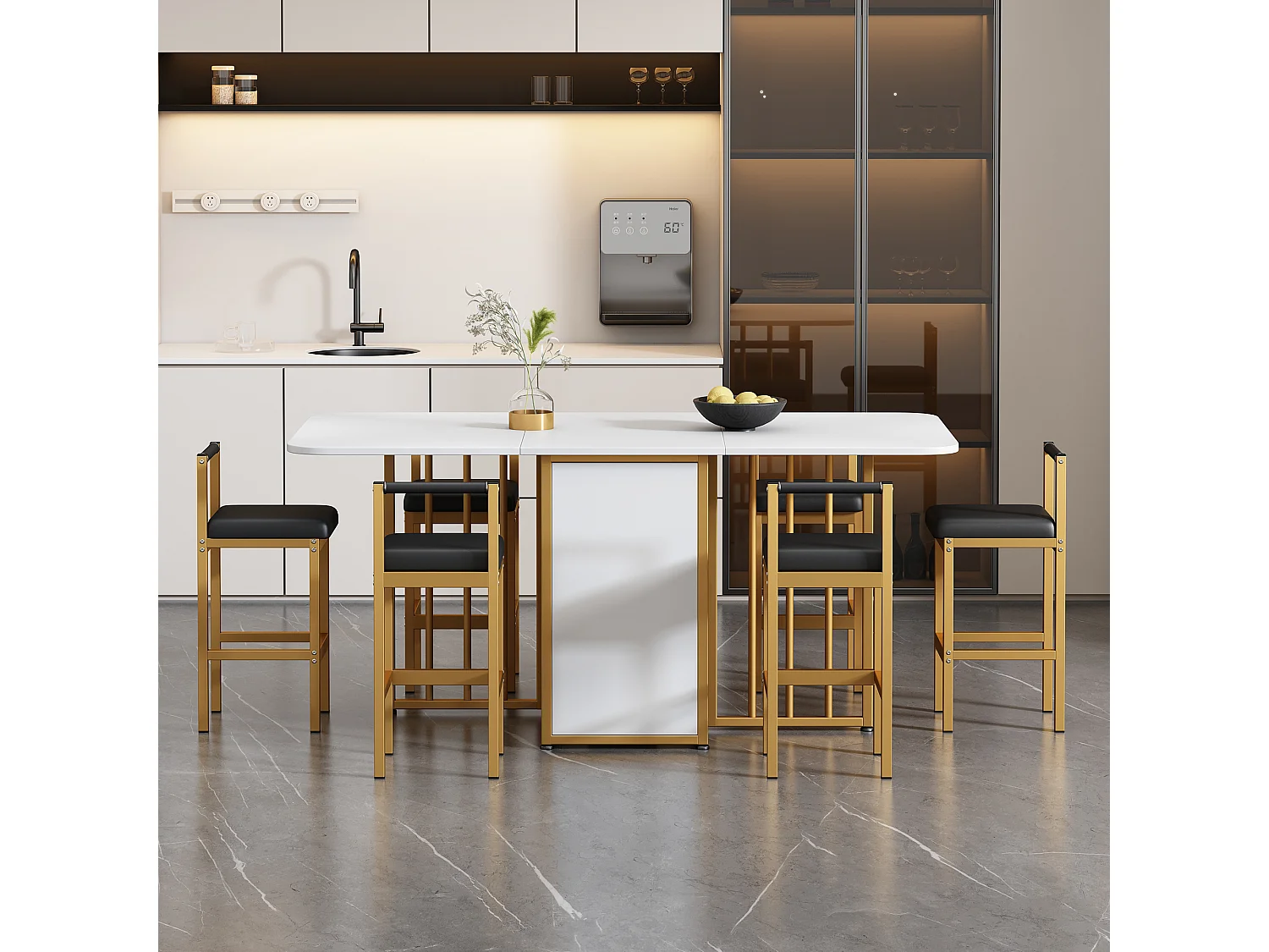 Lot de 6 chaises de salle à manger, chaises de salon en similicuir, pièds en métal, confortable et élégant, pour cuisine, noir et or