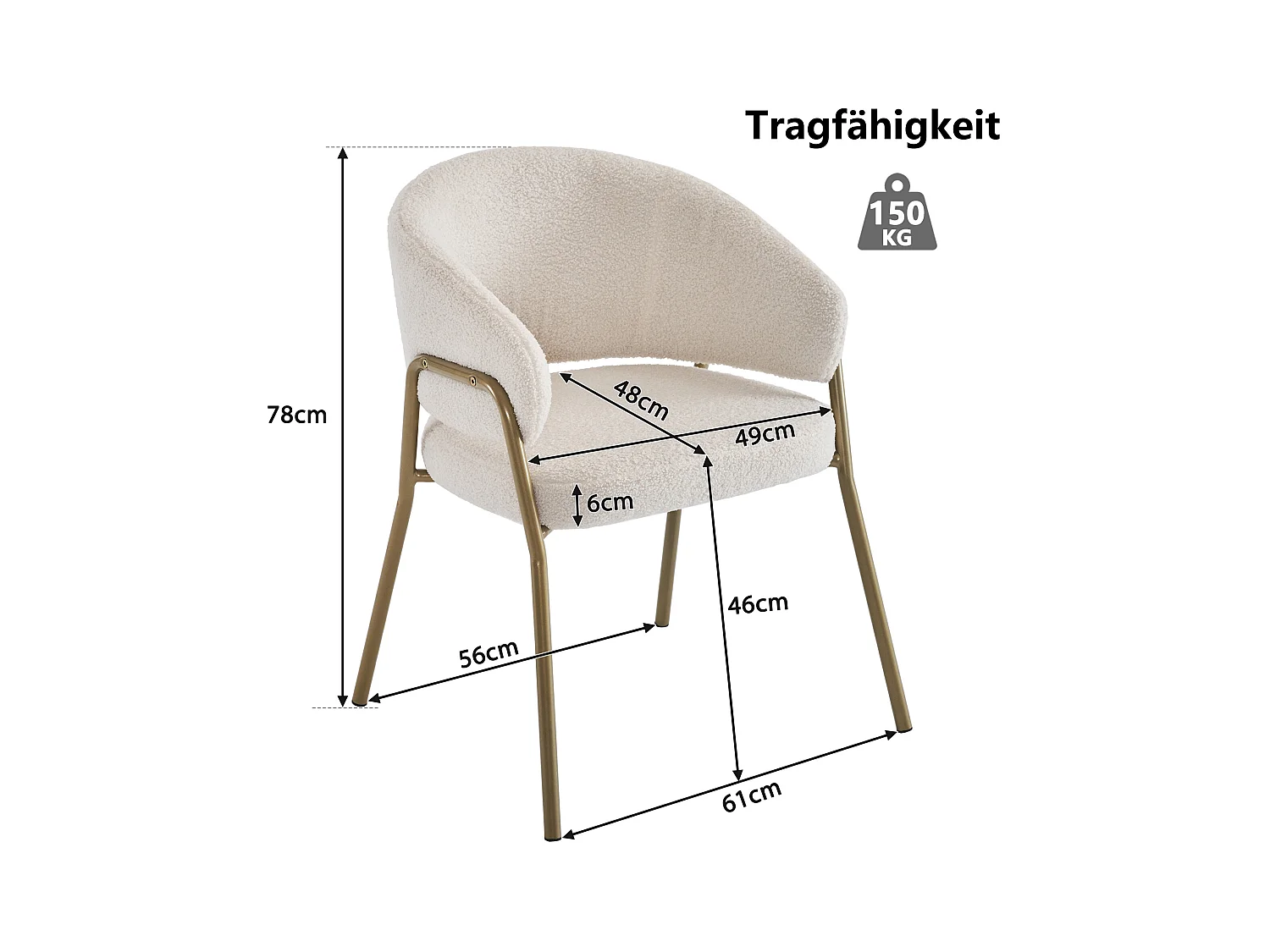 Lot de 2 chaises de salle à manger en velours et métal doré - blanc - 61 x 48 x 78 cm