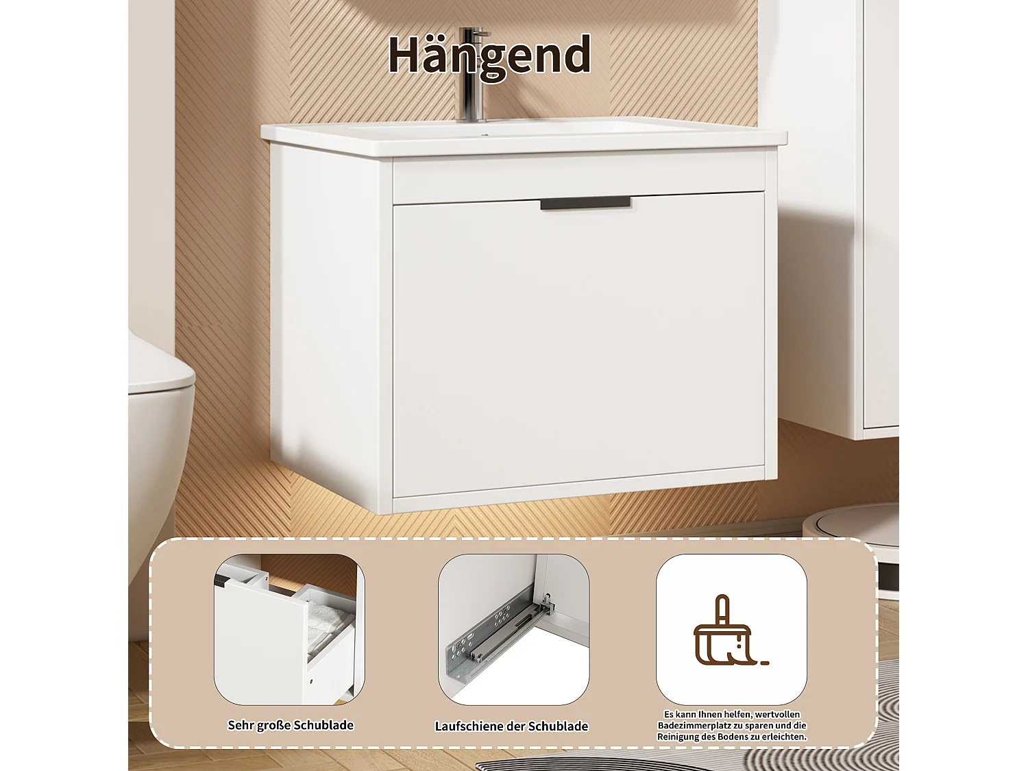 Ensemble 3 meubles salle de bain avec vasque - Meuble lave-main suspendu, armoir mural avec miroir + colonne - coloris blanc