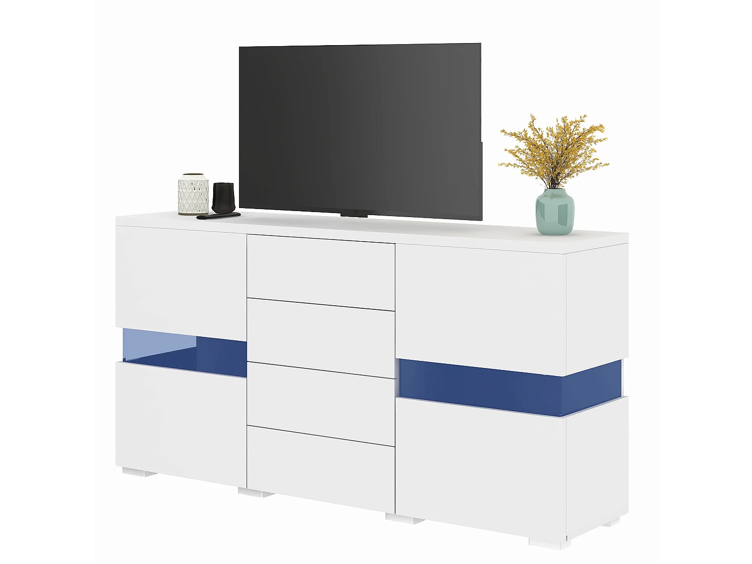 Aparador bajo con 2 puertas y 4 cajones, LEDs, alto brillo, madera de aglomerado, estilo moderno, blanco