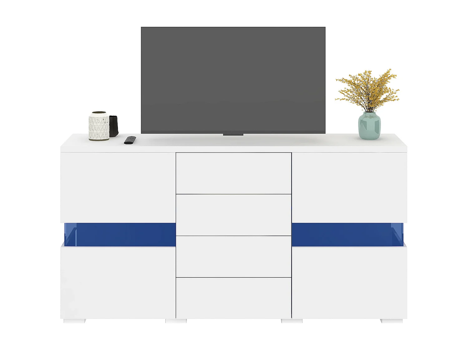 Aparador bajo con 2 puertas y 4 cajones, LEDs, alto brillo, madera de aglomerado, estilo moderno, blanco