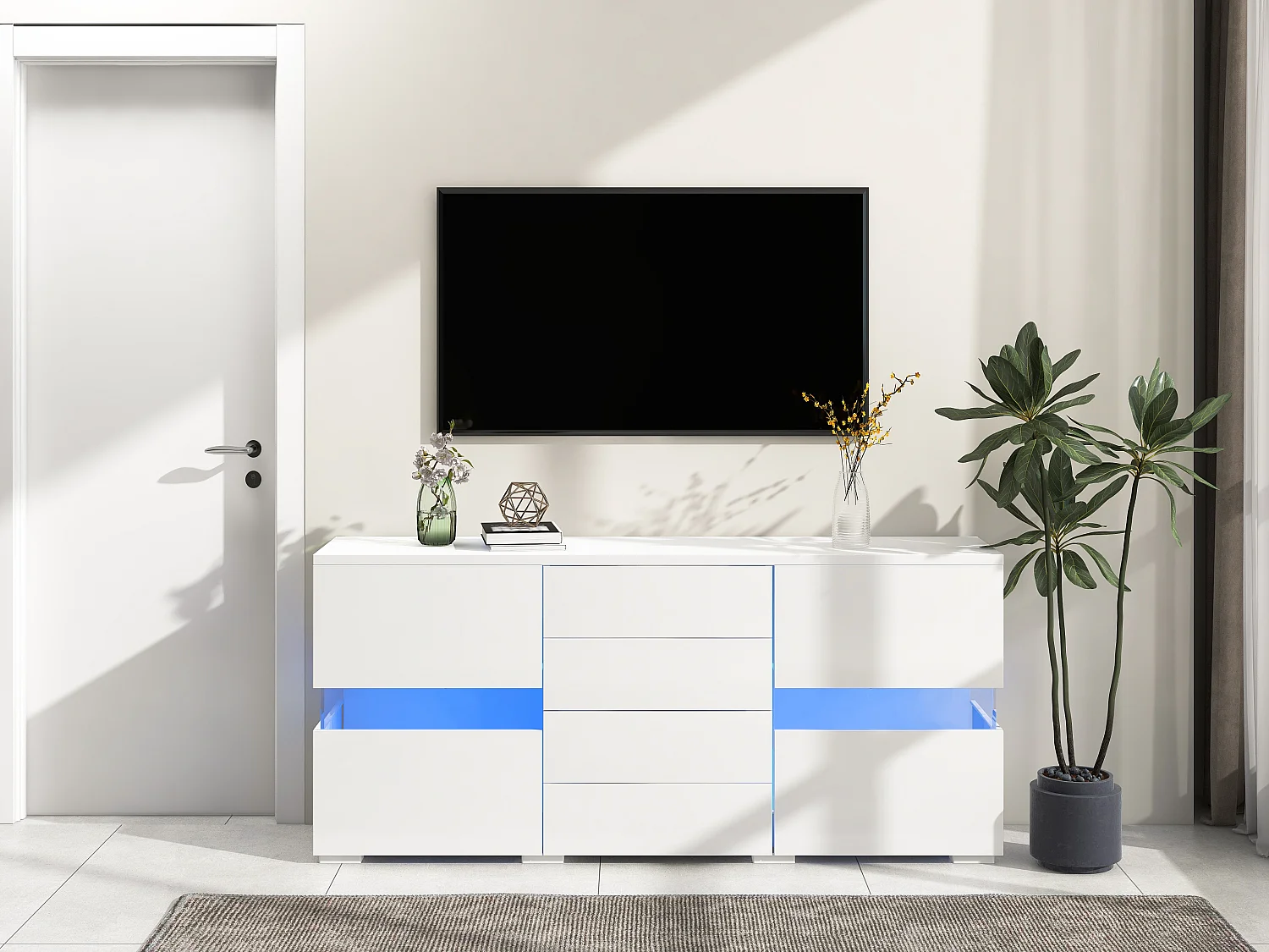 Komoda niska z 2 drzwiami i 4 szufladami, diody LED, wysoki połysk, płyta wiórowa, styl nowoczesny, kolor biały