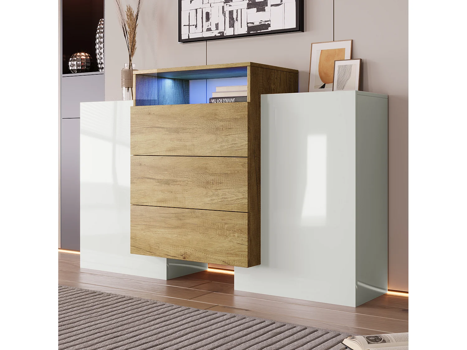 Niedriges Sideboard mit 2 Türen und 3 Schubladen, LEDs, Spanplatte, Hochglanz, Weiß, 140 L x 30 B x 77,5 H cm