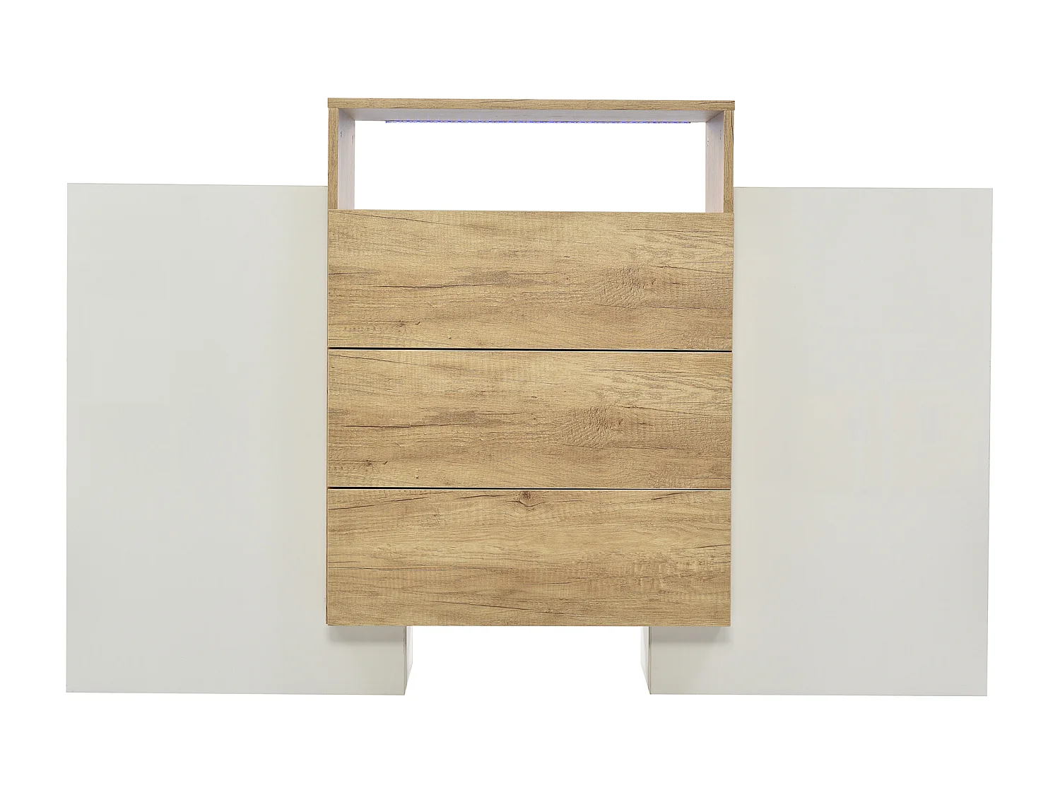 Niedriges Sideboard mit 2 Türen und 3 Schubladen, LEDs, Spanplatte, Hochglanz, Weiß, 140 L x 30 B x 77,5 H cm