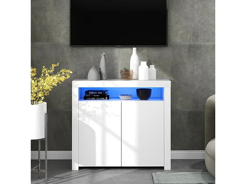 Hochglanzweißes niedriges Sideboard mit 2 Türen und 1 Nische – LEDs – Partikelplatten – für Küche und Wohnzimmer – 120 x 40 x 60,5 cm