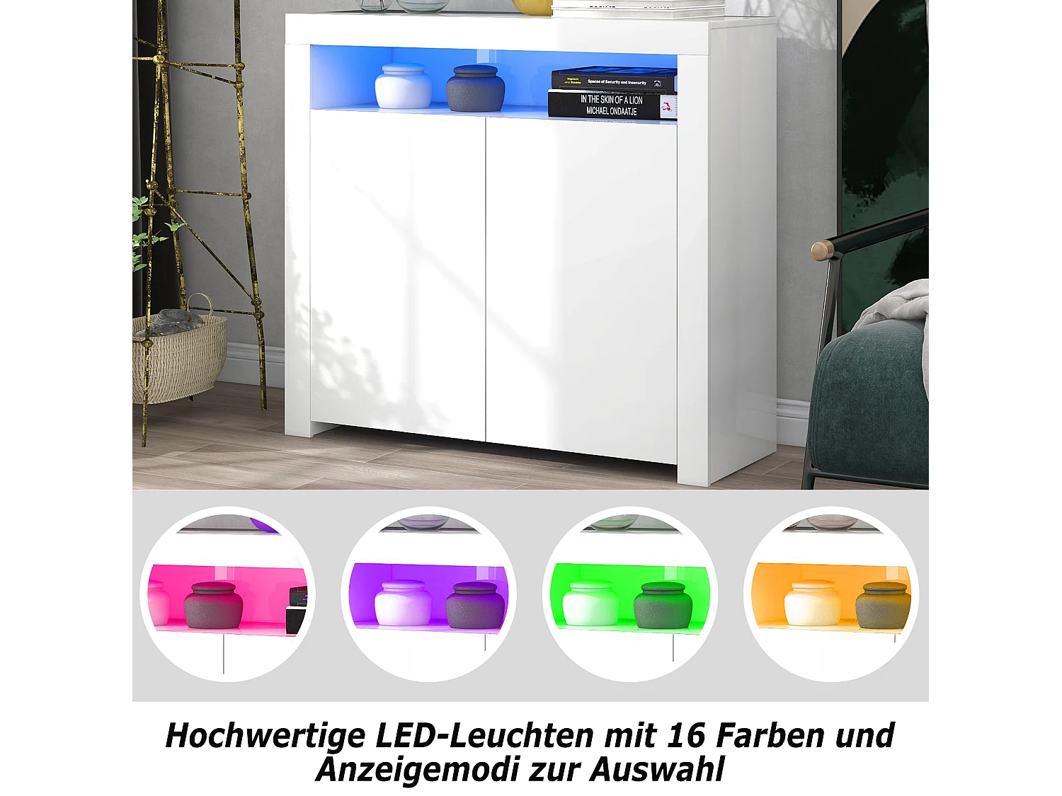 Aparador bajo blanco brillo con 2 puertas y 1 nicho - LED - Paneles de partículas - para salón cocina - 120 x 40 x 60,5 cm