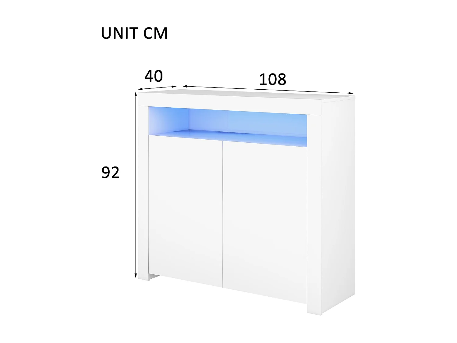 Aparador bajo blanco brillo con 2 puertas y 1 nicho - LED - Paneles de partículas - para salón cocina - 120 x 40 x 60,5 cm