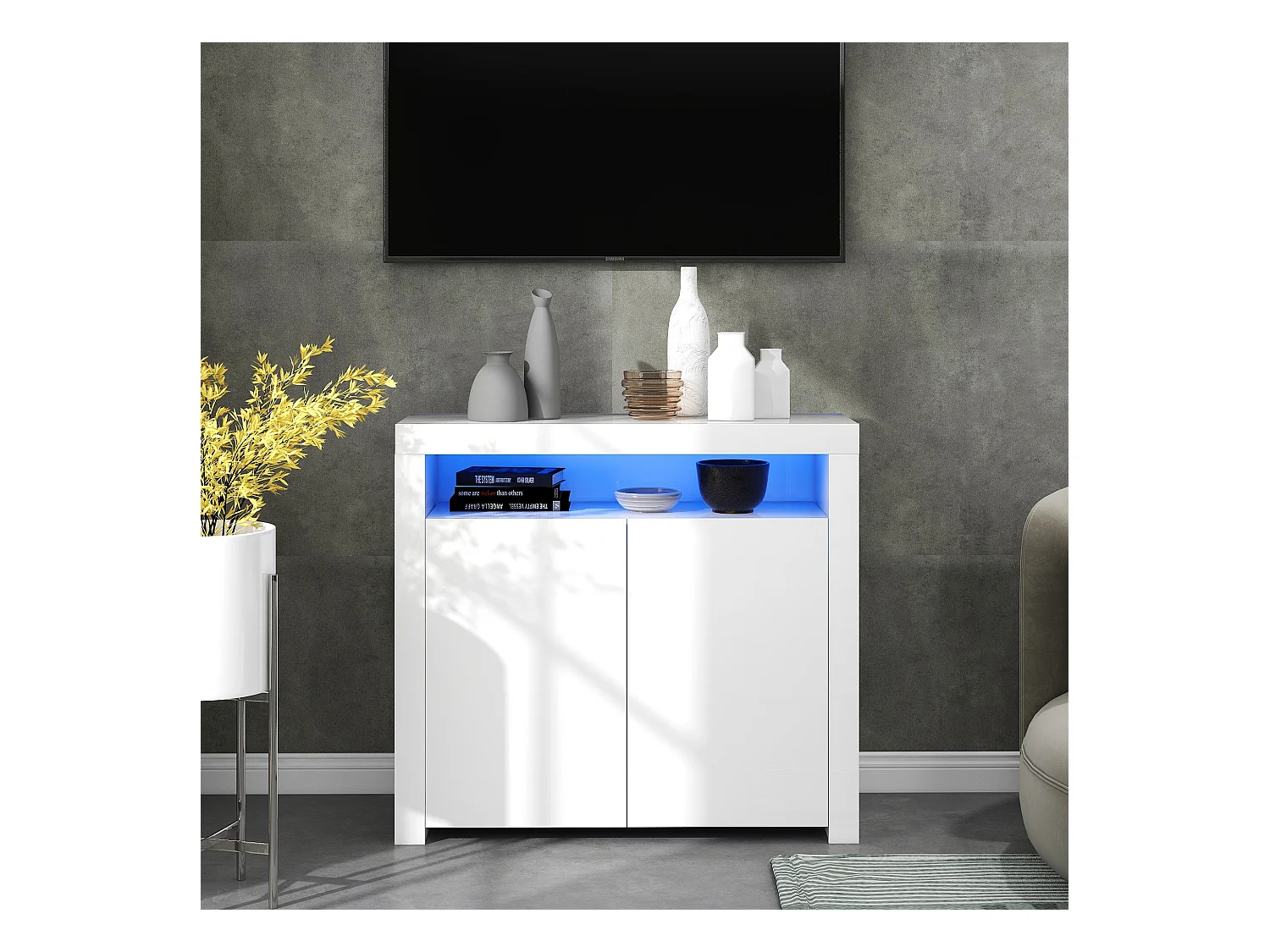 Buffet bas blanc brillant avec 2 portes et 1 niche - LEDs - Panneaux de particules - pour cuisine salon - 120 x 40 x 60,5 cm
