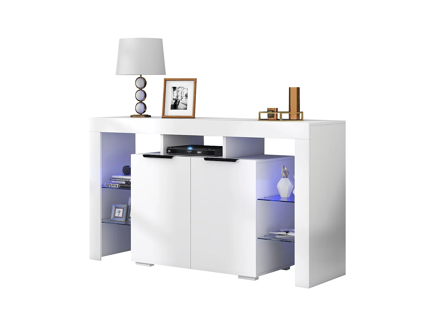 Buffet à haute brillance avec 2 portes et étagères en verre - LEDs - pour cuisine et salon - bois panneaux de particules - blanc