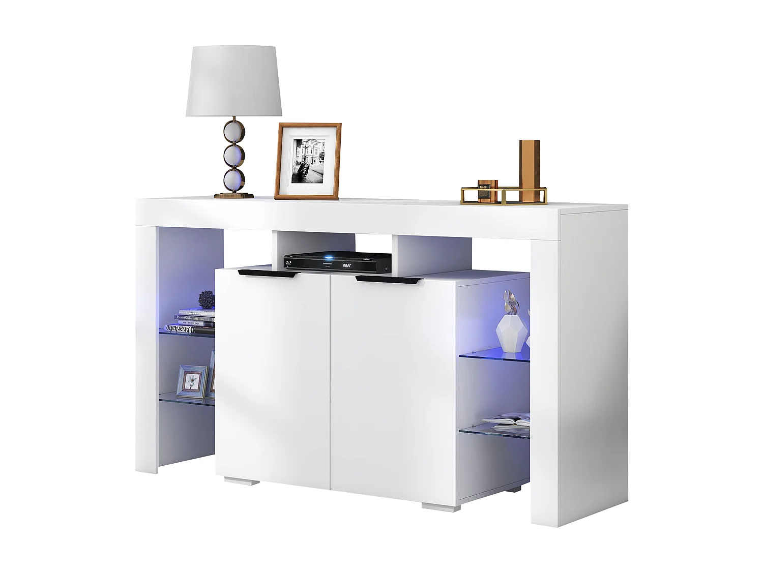 Buffet à haute brillance avec 2 portes et étagères en verre - LEDs - pour cuisine et salon - bois panneaux de particules - blanc