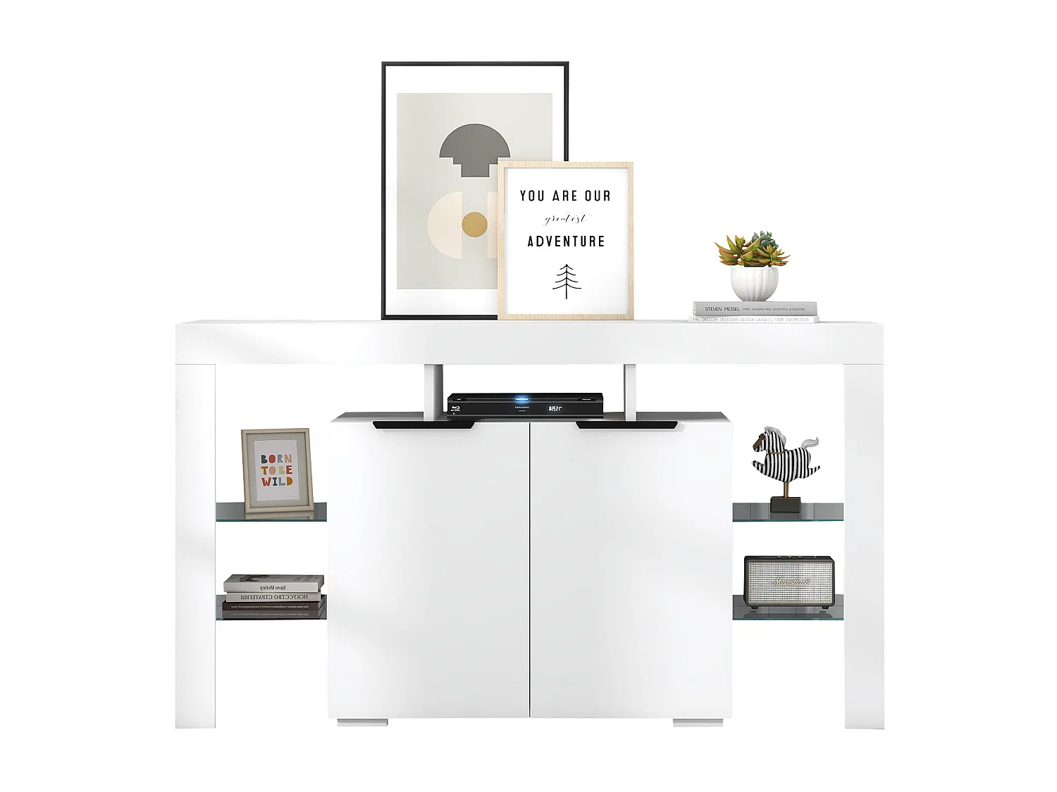 Buffet à haute brillance avec 2 portes et étagères en verre - LEDs - pour cuisine et salon - bois panneaux de particules - blanc