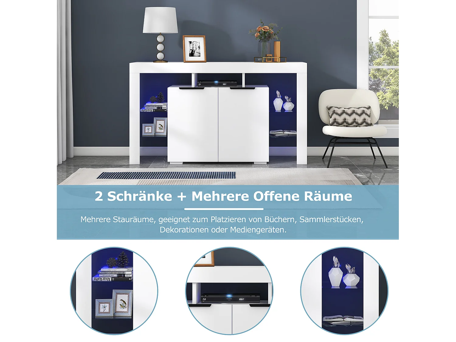 Buffet à haute brillance avec 2 portes et étagères en verre - LEDs - pour cuisine et salon - bois panneaux de particules - blanc