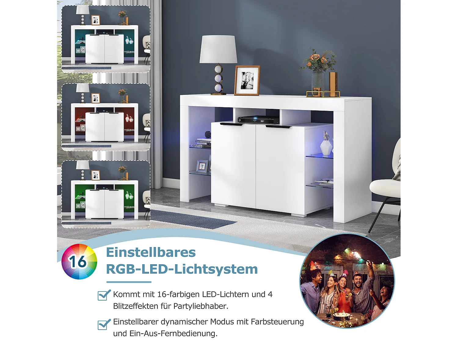 Buffet à haute brillance avec 2 portes et étagères en verre - LEDs - pour cuisine et salon - bois panneaux de particules - blanc