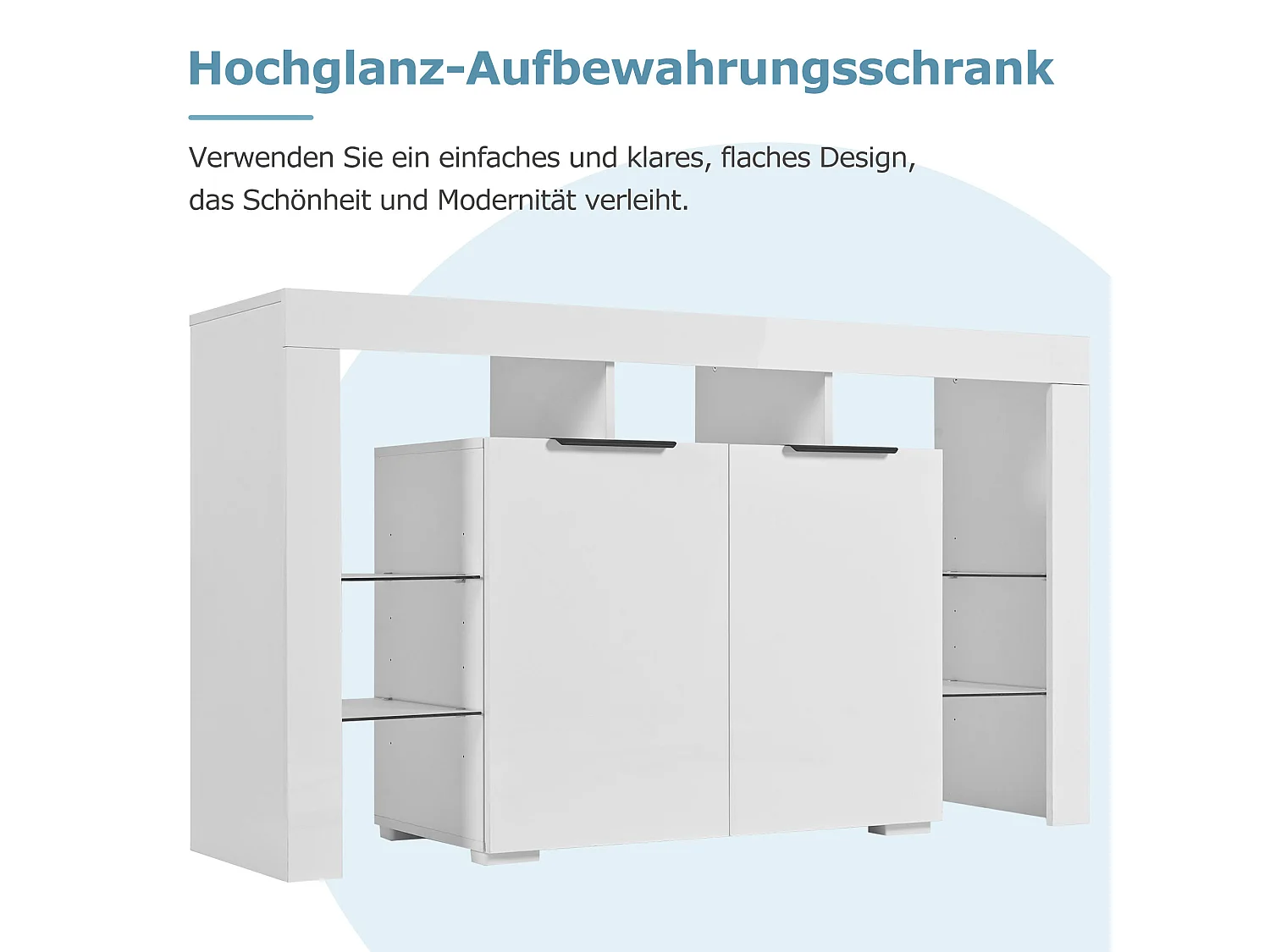 Buffet à haute brillance avec 2 portes et étagères en verre - LEDs - pour cuisine et salon - bois panneaux de particules - blanc