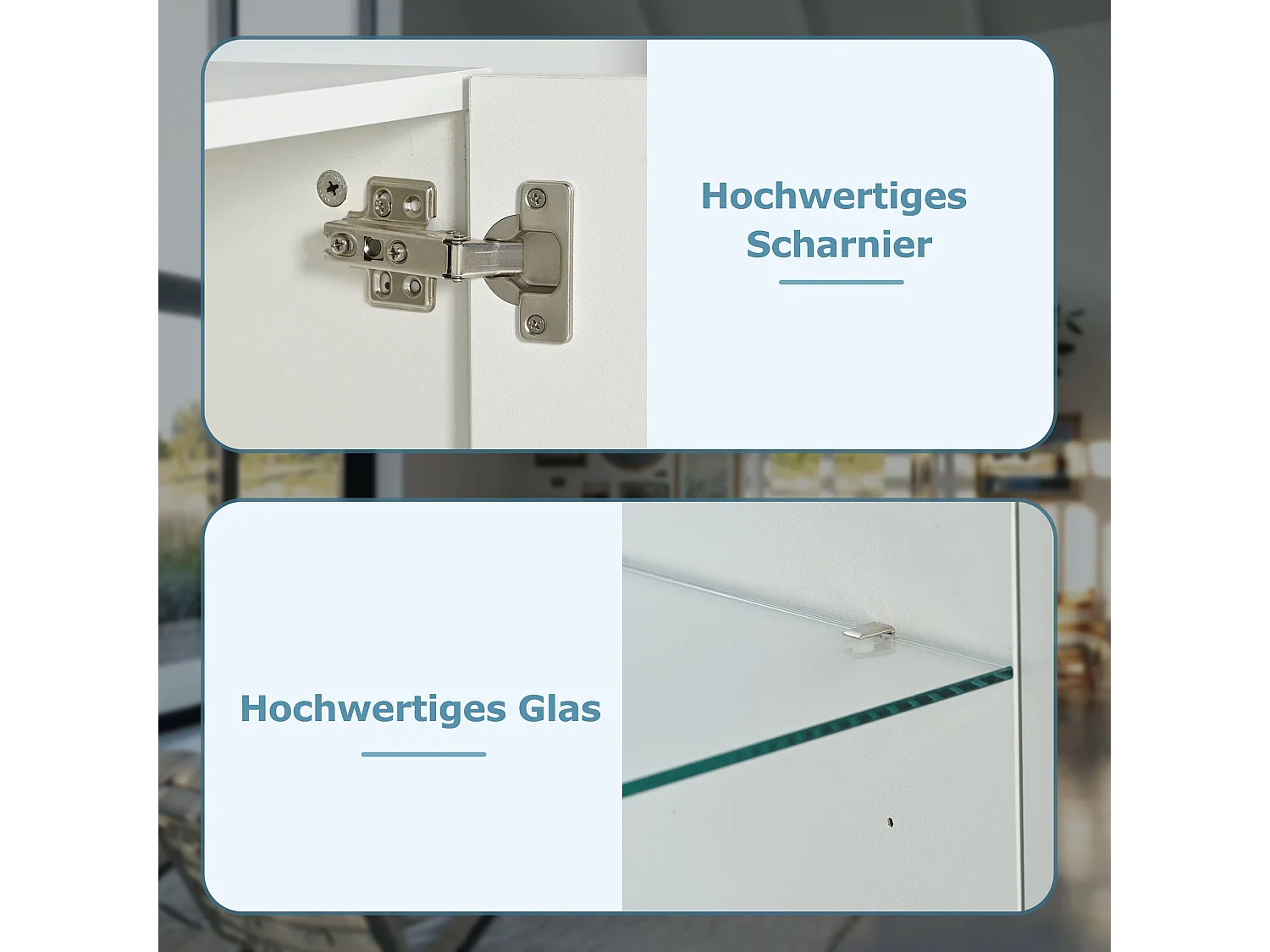 Buffet à haute brillance avec 2 portes et étagères en verre - LEDs - pour cuisine et salon - bois panneaux de particules - blanc