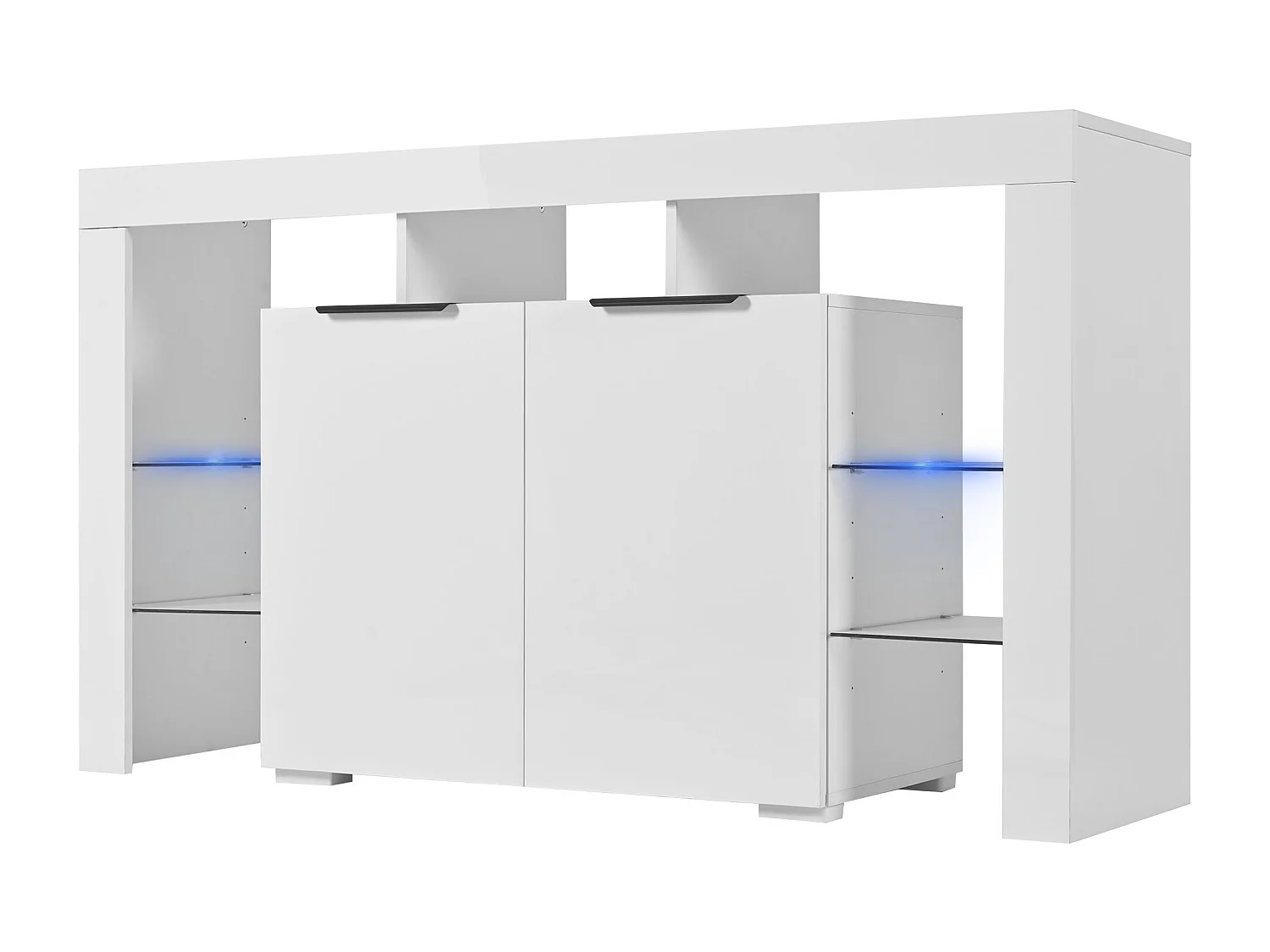 Buffet à haute brillance avec 2 portes et étagères en verre - LEDs - pour cuisine et salon - bois panneaux de particules - blanc