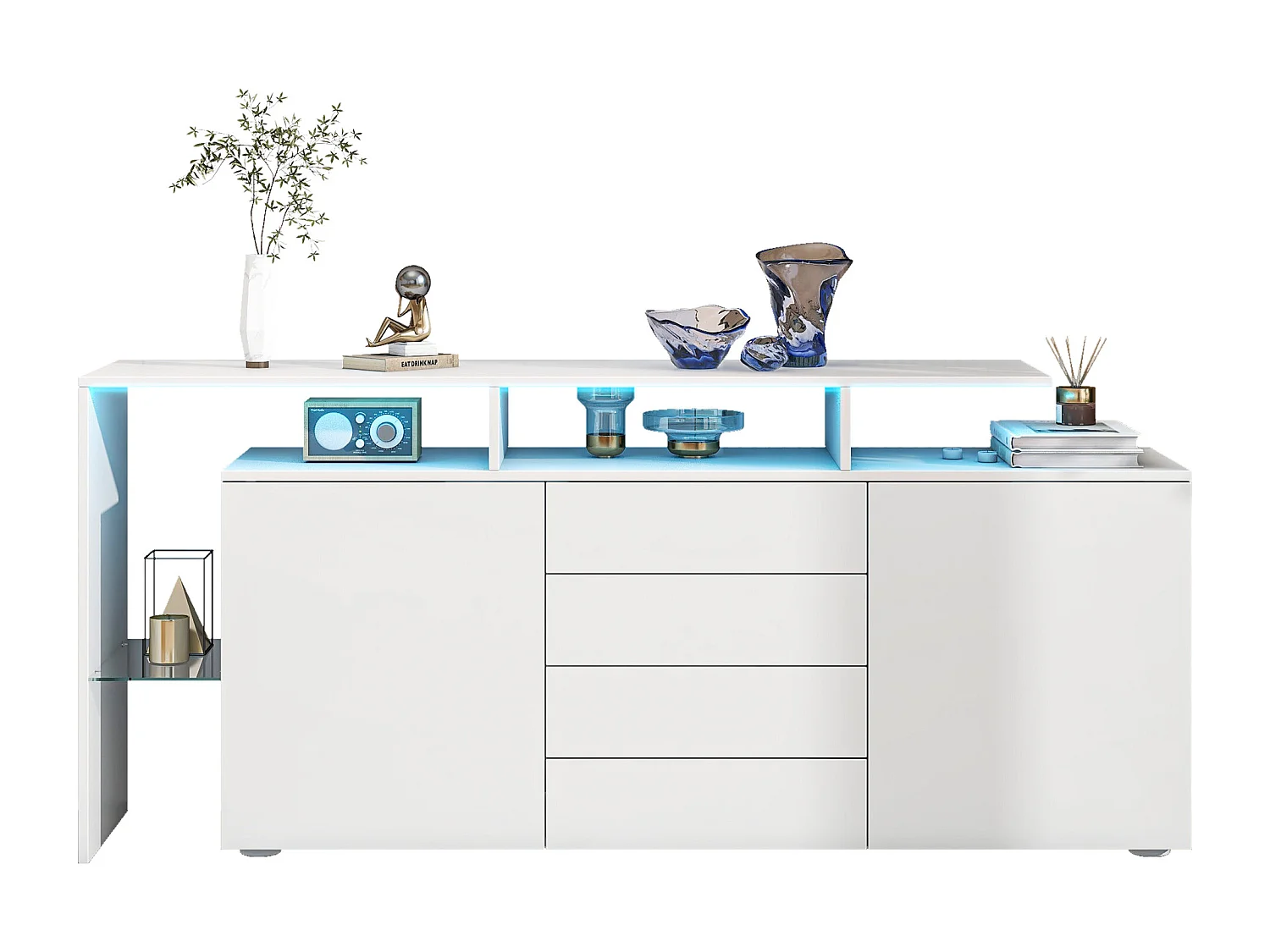 Aparador baixo com 4 gavetas, 2 portas e prateleira de vidro - LEDs - Madeira MDF - para sala ou cozinha - branco brilhante