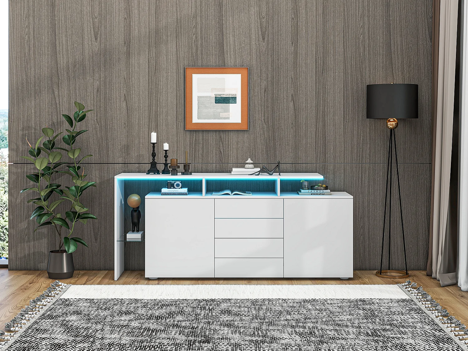 Aparador baixo com 4 gavetas, 2 portas e prateleira de vidro - LEDs - Madeira MDF - para sala ou cozinha - branco brilhante