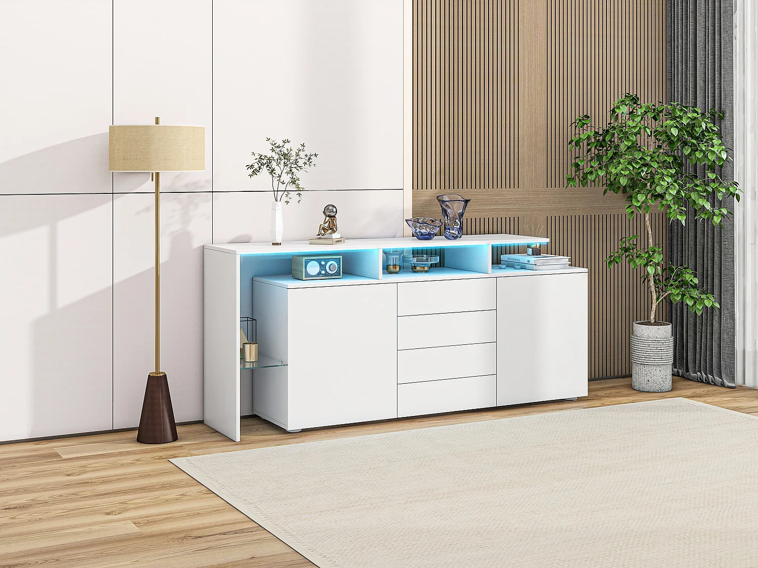 Aparador baixo com 4 gavetas, 2 portas e prateleira de vidro - LEDs - Madeira MDF - para sala ou cozinha - branco brilhante