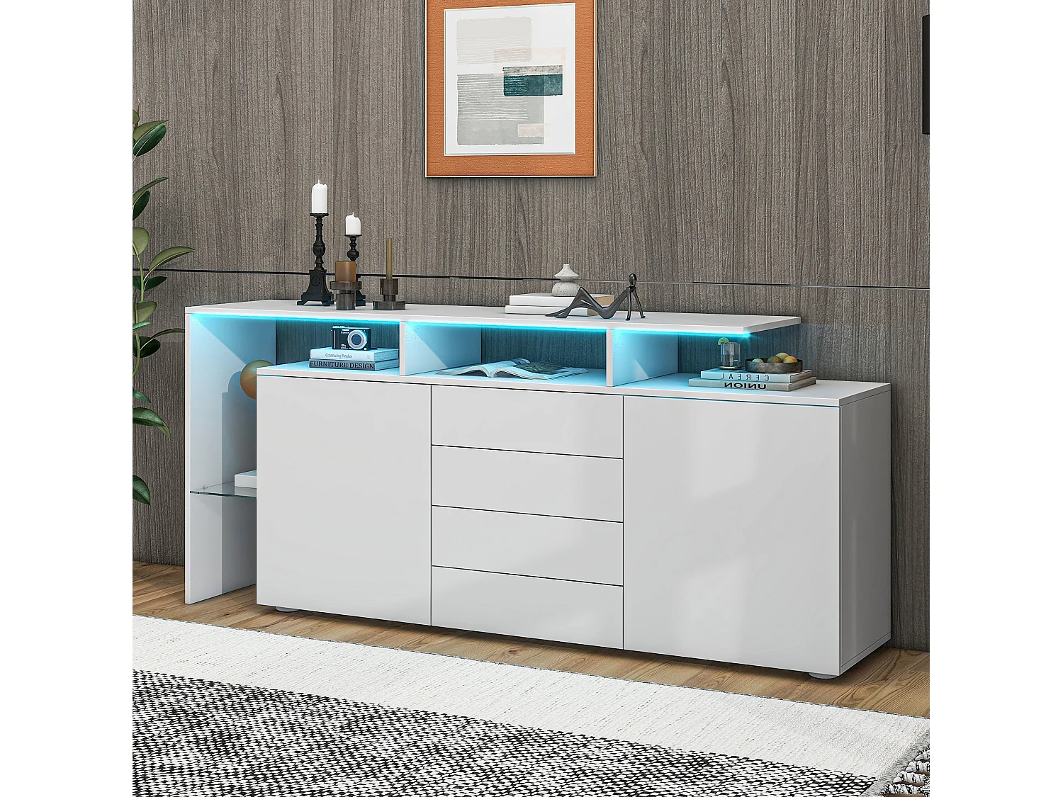 Buffet avec 2 portes, 4 tiroirs et étagères - 160 x 35 x 70 cm - LEDs - Panneaux de particules - Blanc