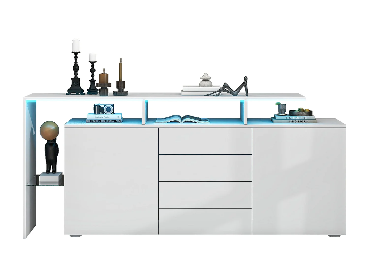 Buffet avec 2 portes, 4 tiroirs et étagères - 160 x 35 x 70 cm - LEDs - Panneaux de particules - Blanc
