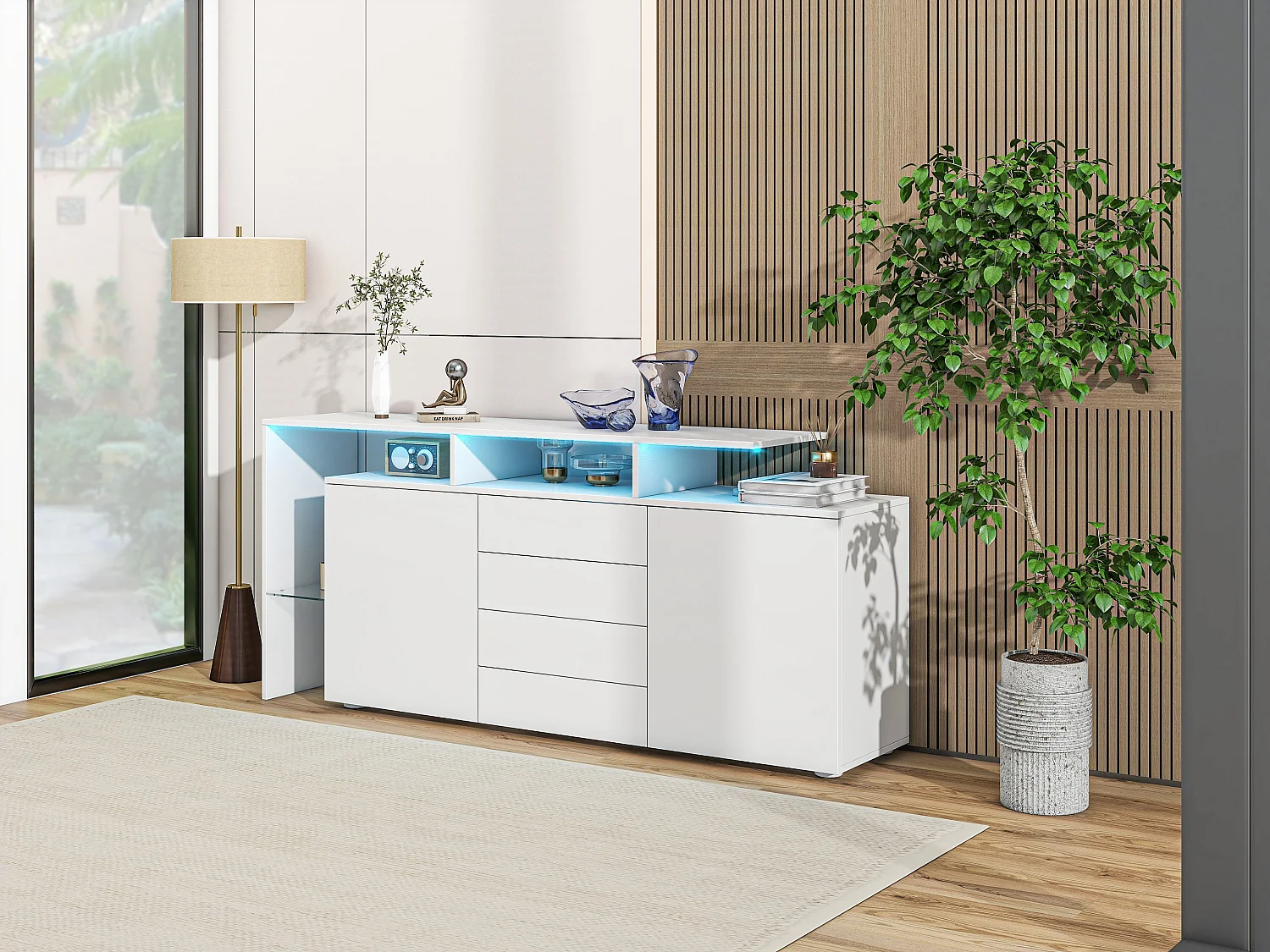 Buffet avec 2 portes, 4 tiroirs et étagères - 160 x 35 x 70 cm - LEDs - Panneaux de particules - Blanc