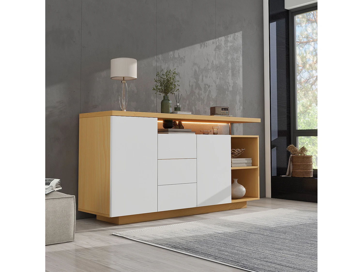 Buffet avec 2 portes, 3 tiroirs et 2 compartiments - 140 x 40 x 70 cm - LEDs - Panneaux de particules - Blanc + chêne