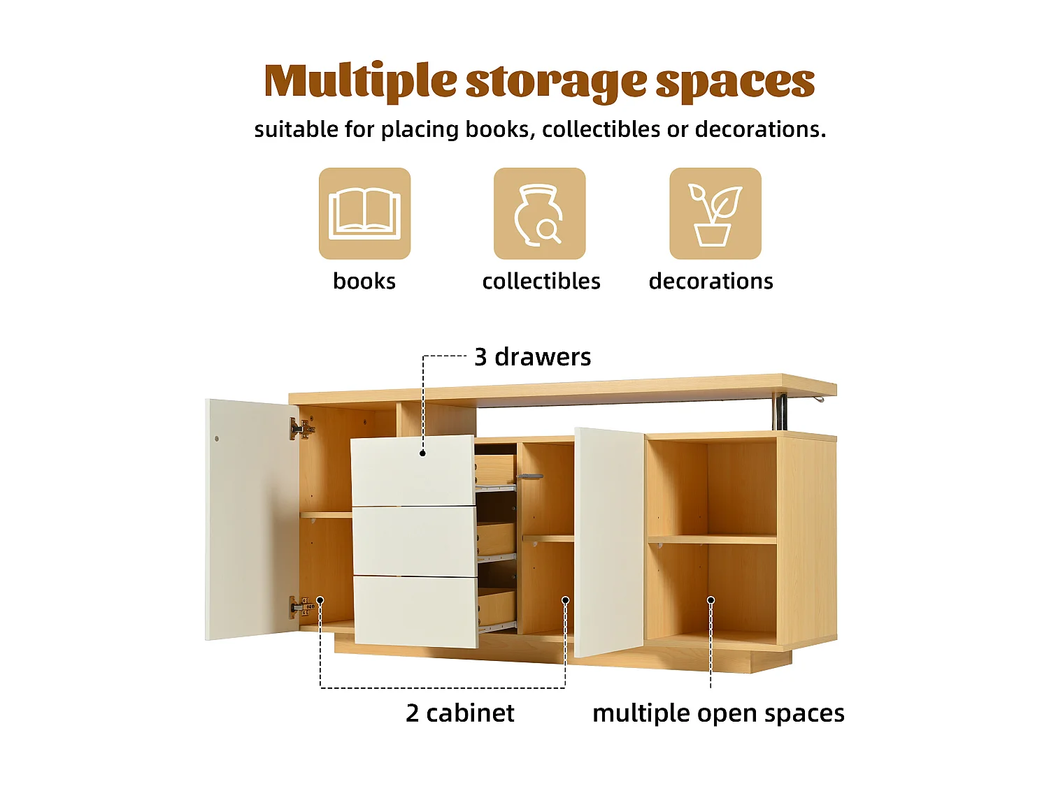Buffet avec 2 portes, 3 tiroirs et 2 compartiments - 140 x 40 x 70 cm - LEDs - Panneaux de particules - Blanc + chêne
