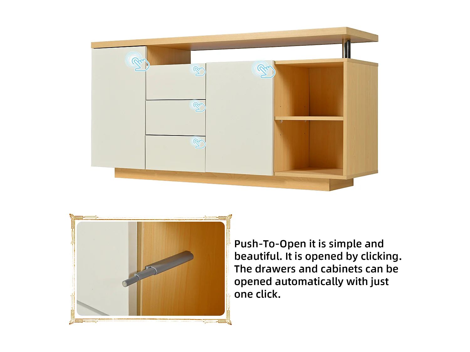 Buffet avec 2 portes, 3 tiroirs et 2 compartiments - 140 x 40 x 70 cm - LEDs - Panneaux de particules - Blanc + chêne