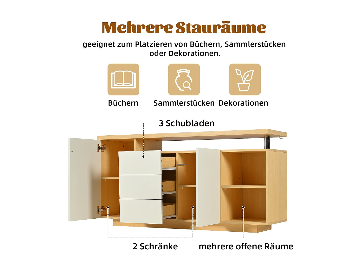 Buffet avec 2 portes, 3 tiroirs et 2 compartiments - 140 x 40 x 70 cm - LEDs - Panneaux de particules - Blanc + chêne