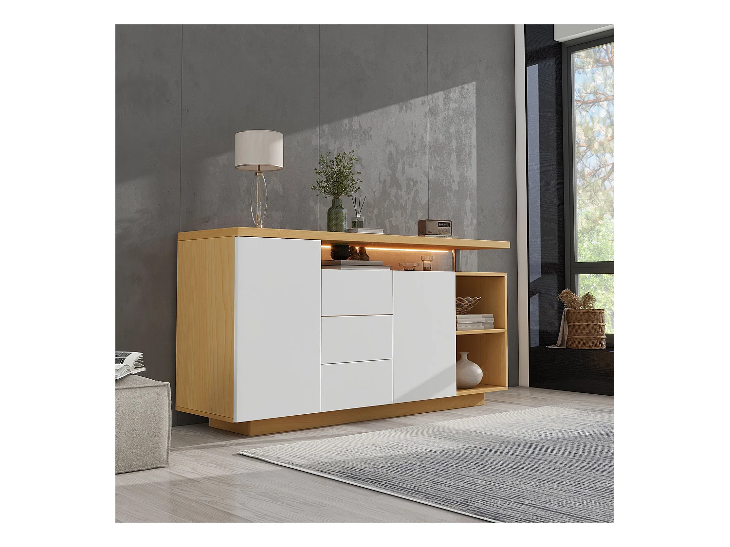 Buffet avec 2 portes, 3 tiroirs et 2 compartiments - 140 x 40 x 70 cm - LEDs - Panneaux de particules - Blanc + chêne