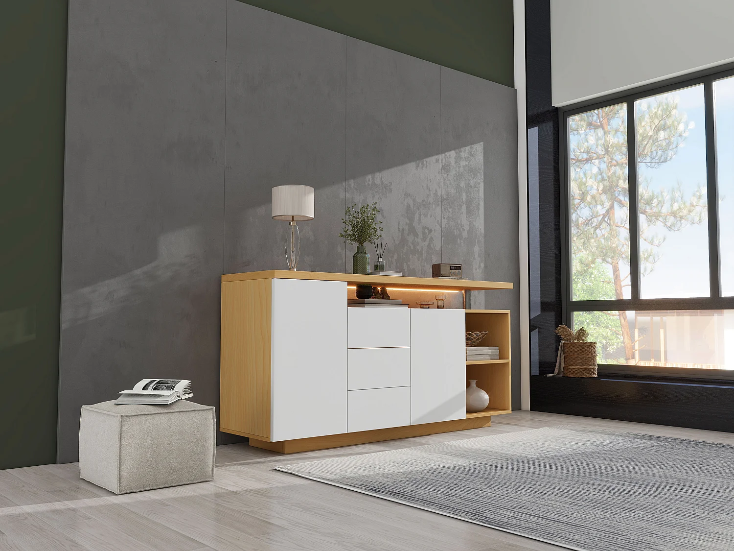 Dressoir met 2 deuren, 3 lades en 2 compartimenten - 140 x 40 x 70 cm - LED's - Spaanplaat - Wit + eiken