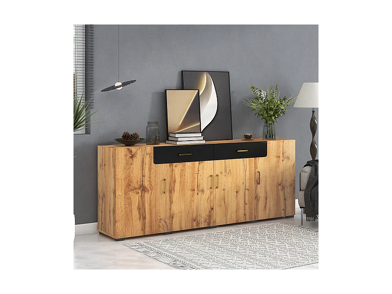 Buffet avec 2 tiroirs et 4 portes - 208 x 39,5 x 80 cm - effet bois - pour cuisine ou salon - coloris noir et chêne