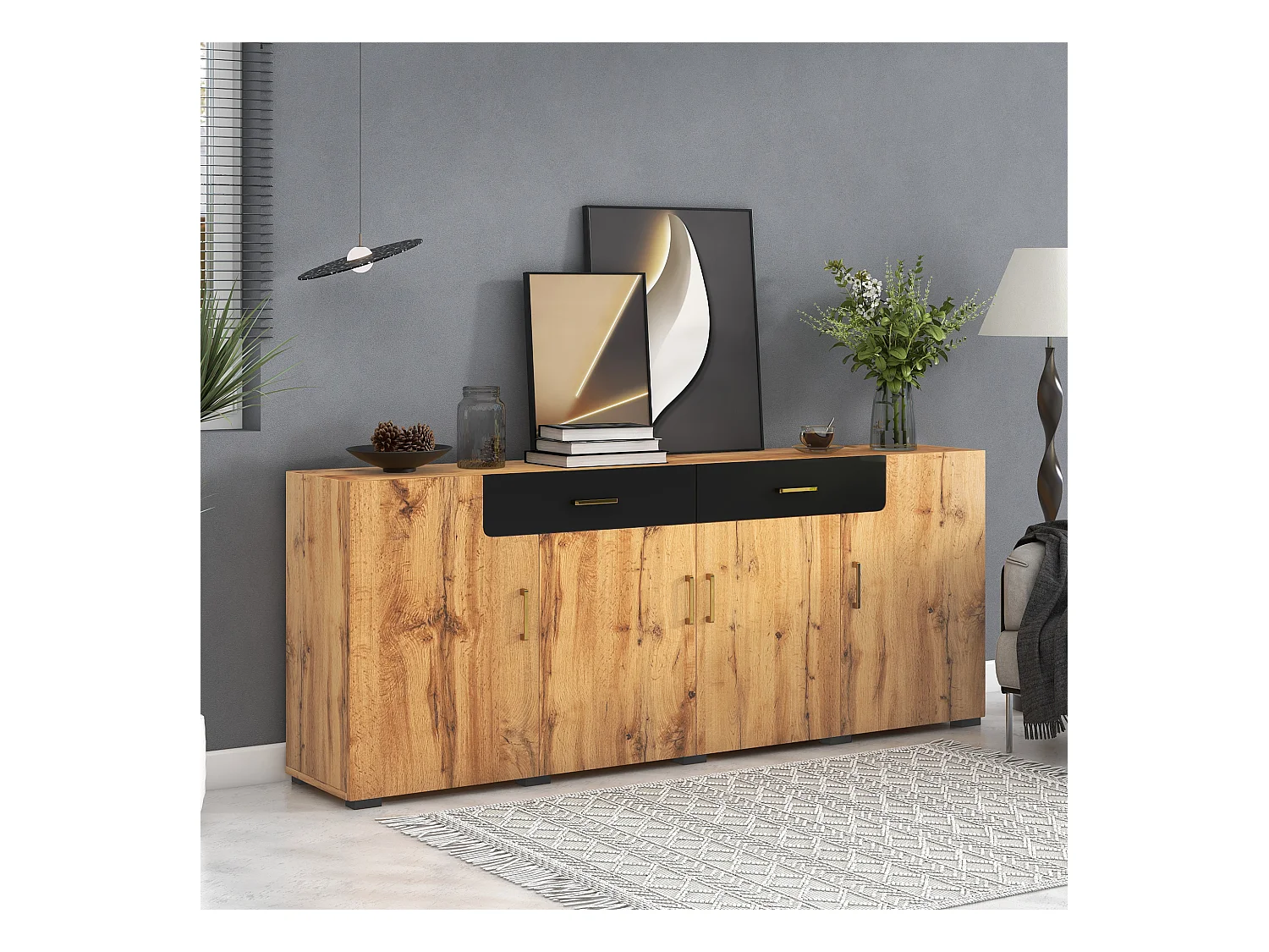 Buffet avec 2 tiroirs et 4 portes - 208 x 39,5 x 80 cm - effet bois - pour cuisine ou salon - coloris noir et chêne
