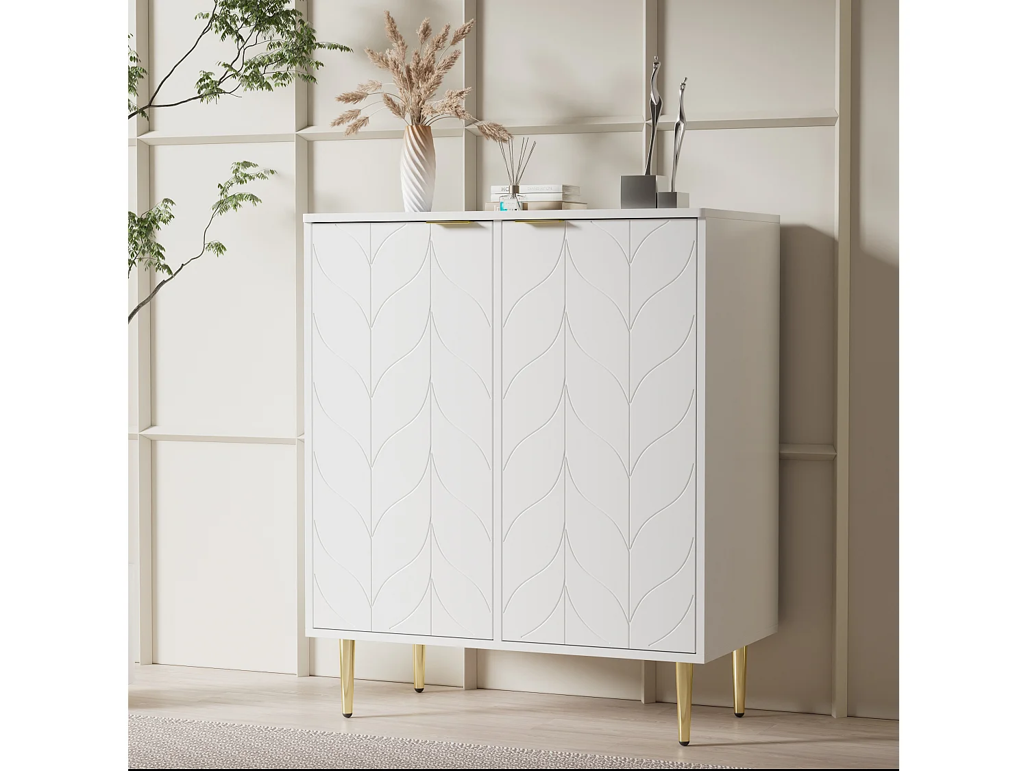 Komoda niska z 2 drzwiami - Wzór kwiatowy - Płyta wiórowa - do salonu, łazienki - Biały - 75 x 40 x 90 cm