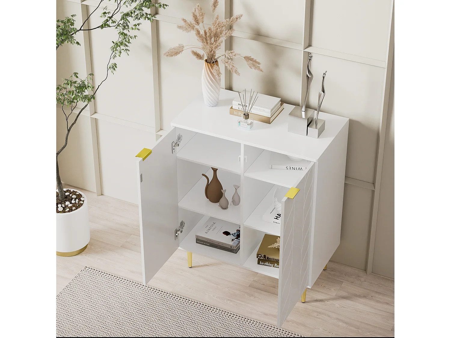 Buffet bas avec 2 portes - Motif floral - Panneaux de particules - pour salon, salle de bain - Blanc - 75 x 40 x 90 cm