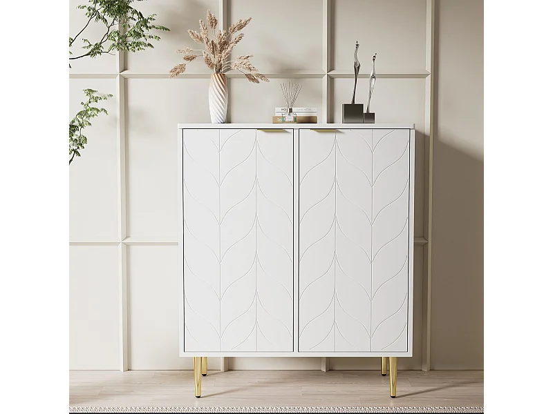 Buffet bas avec 2 portes - Motif floral - Panneaux de particules - pour salon, salle de bain - Blanc - 75 x 40 x 90 cm