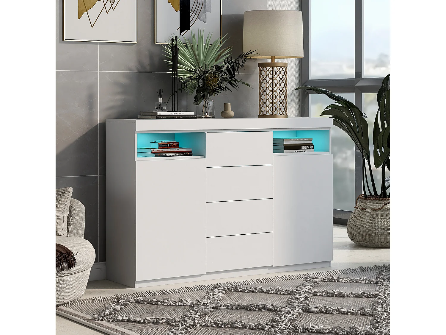 Aparador baixo com 2 portas e 4 gavetas, com LEDs, madeira MDF, para cozinha ou sala de jantar, branco, 139 x 36,5 x 92 cm
