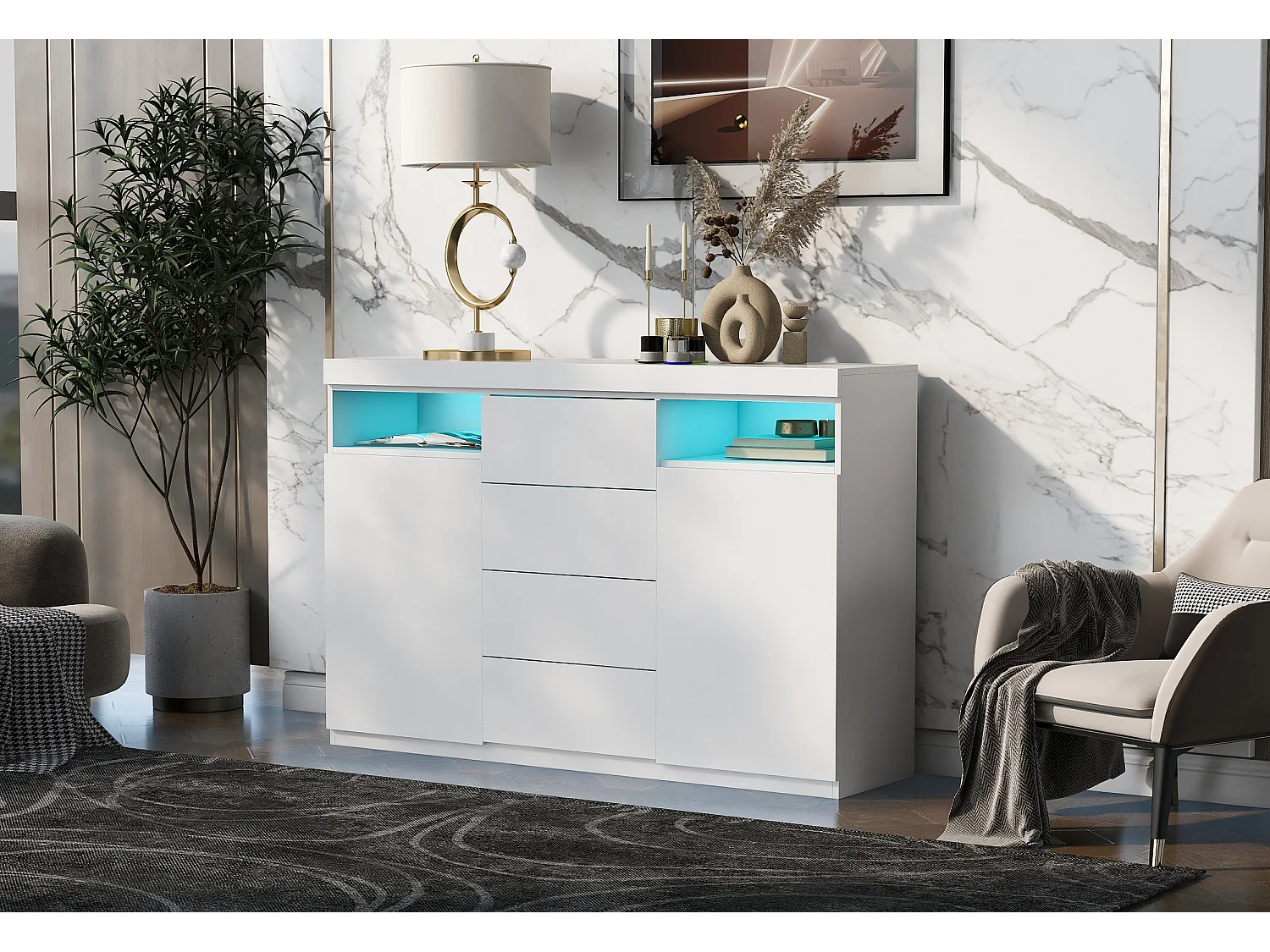 Aparador baixo com 2 portas e 4 gavetas, com LEDs, madeira MDF, para cozinha ou sala de jantar, branco, 139 x 36,5 x 92 cm